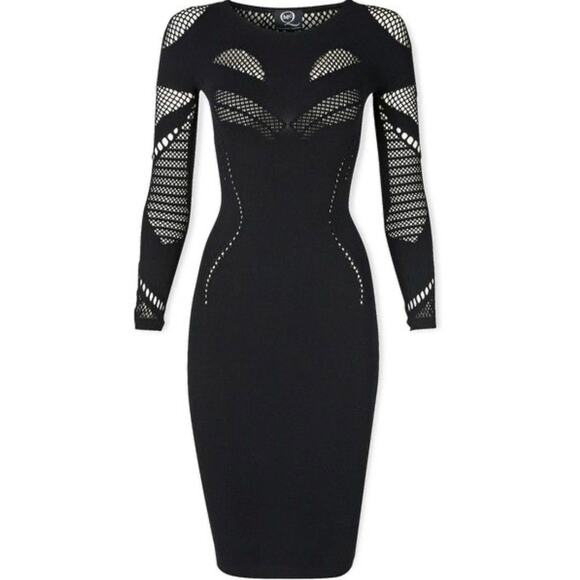 McQ Alexander McQueen Black Mesh Cutout Knit Bodycon Long Sleeve Midi Dress Sz L - Picture 1 of 12